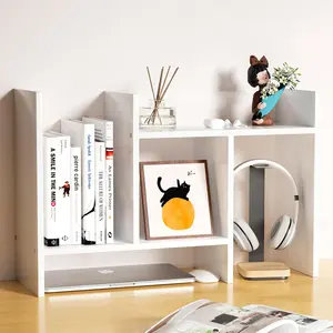 Wood Desktop Adjustable Tier H-Shape Mini Organizer Shelf Office Top Desk Organization Bookshelf Shelving Accessories (White)