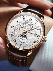 New Fashion Best-Selling Triple-Eye Calendar Starry Moon Watch, Business Quartz Watch, Stylish Men's Wristwatch with Leather Strap, Trendy Male Timepiece
