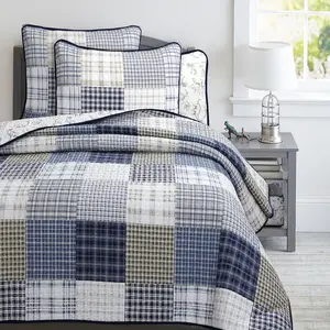 Benjamin Dinosaur Blue Brown Plaid Print Patchwork Cotton Reversible Quilt Bedding Set