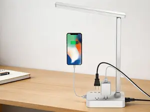 LED Desk Lamp, Desk Light with 1 USB Charging Port and 2 AC Power Outlet, 3 Lighting Modes, 3 Level Brightness,1H Timer, Touch Control, Eye-Caring Home Office Foldable Table Lamp (White)