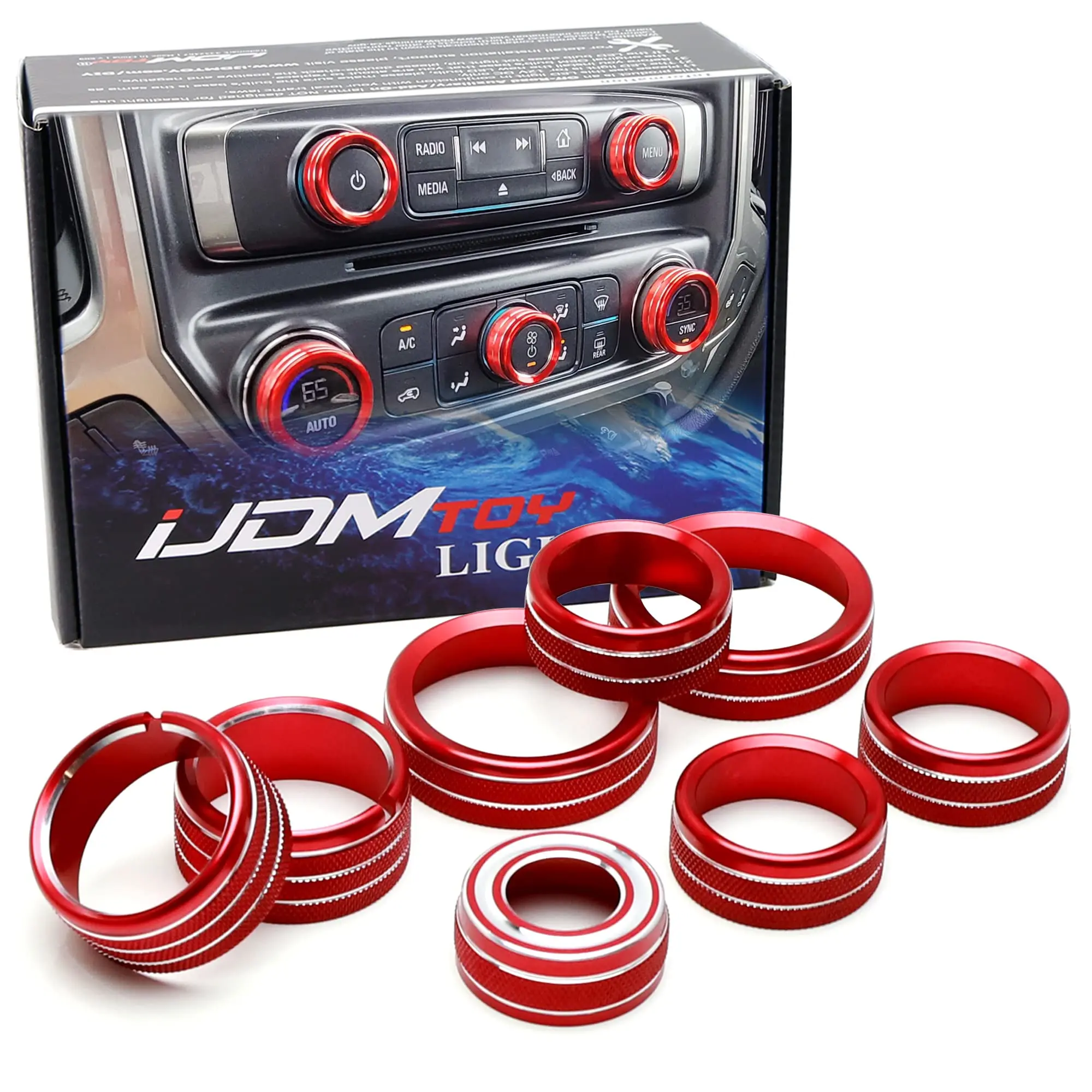 iJDMTOY 8pcs Sports Red Aluminum AC Climate Control, Stereo Audio Turners, Front Light/Turn Signal Switch Cover Decorations For 2014-2018/19 Chevy Silverado GMC Sierra