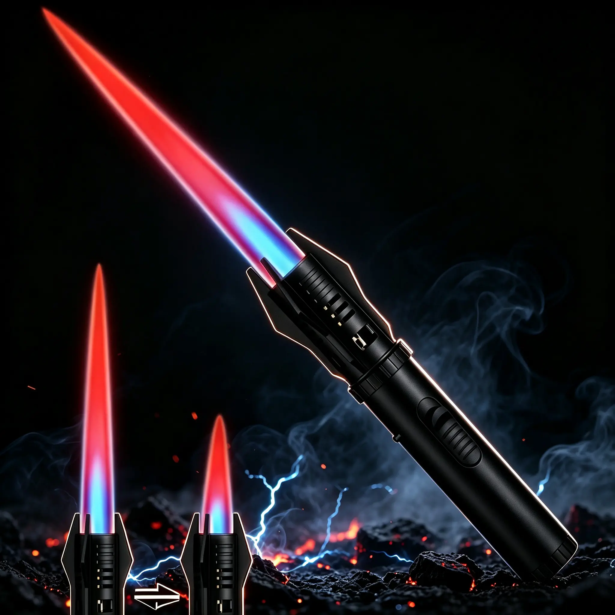 Adjustable Torch Lighter（No Gas Included ）, Dual Color Red Blue Flame Butane Lighter, Windproof Turbo Jet Flame with Safety Lock for Camping, BBQ and Candle Lighting