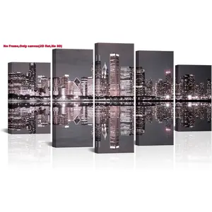 5pcs 2D flat Unframed wall decor,Chicago Skyline Canvas Wall Art City Skyline Painting Night Cityscape Pictures for Office Home Room Decor Stretched and Unframed