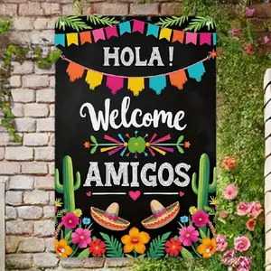 2D Flat - 1pc Mexican - style "Hola! Welcome Amigos" Metal Sign, 8*12 Inches, 2D Flat. Ideal for Home Decor and Party Decor, Perfect for Those Who Love Exotic Styles