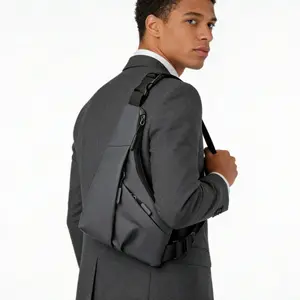 Black Grey Multi-Pocket Sling Crossbody Bag, Adjustable Strap Chest Pack for Everyday & Travel