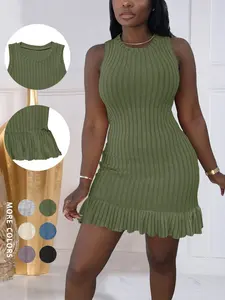 Women's Ribbed Sleeveless Solid Dress, Round Neck Bodycon Short Skirt, Elastic Knit Pleated Hem, Elegant Casual Dress for Parties, Dates, Vacation