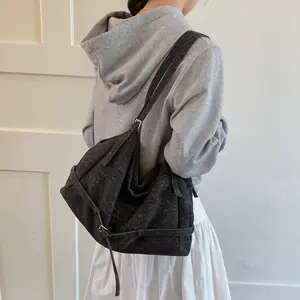 Women's Washed Denim Slouchy Shoulder Bag - Belt Detail, Relaxed Everyday Hobo Purse