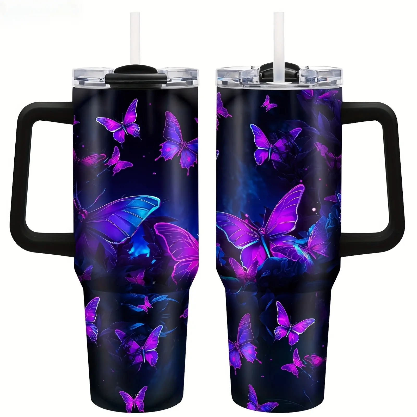 1pc 40 Oz Stainless Steel Glass with Lid And Straw, Purple Glitter Butterfly Design, Leak-Proof, Reusable Oval Ladies Cup - Ideal Christmas Gift for Sisters, Moms, And Daughters