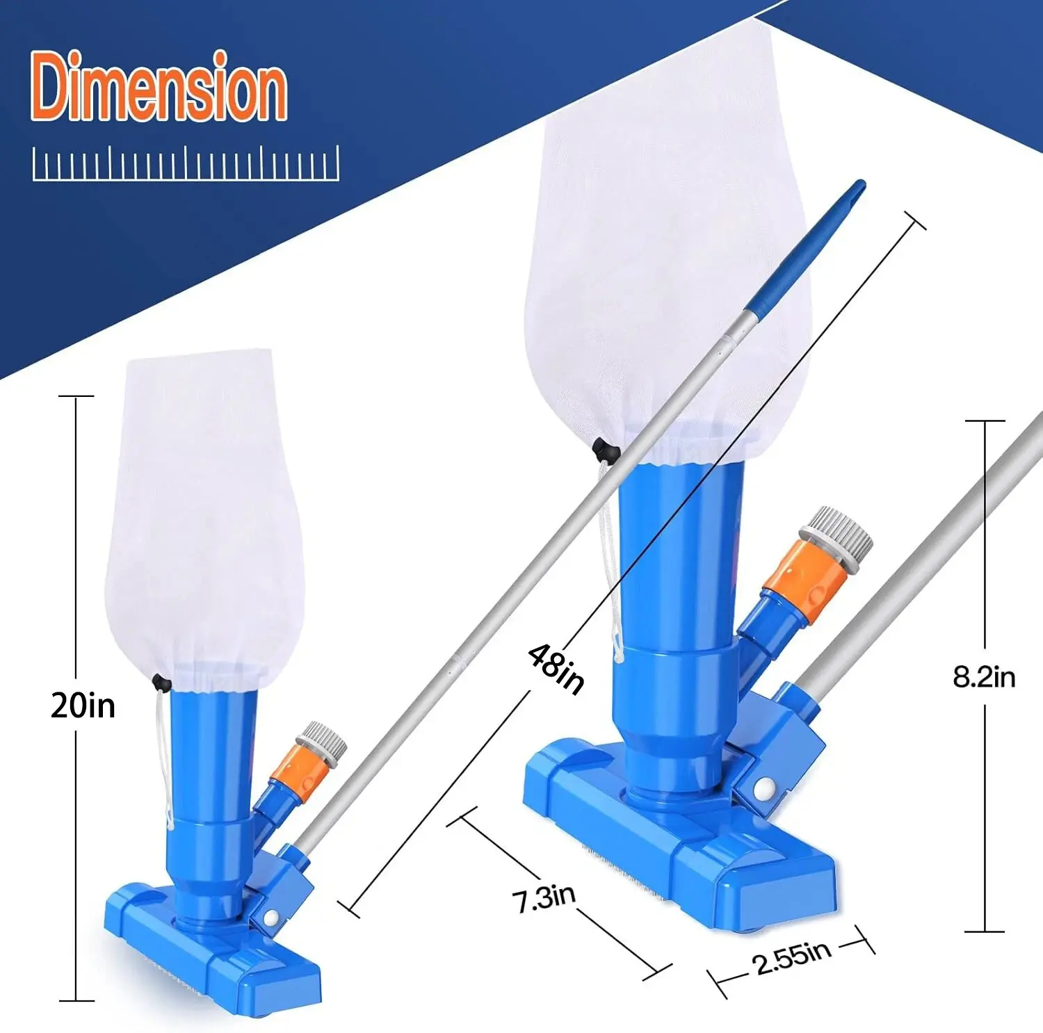 Upgraded Swimming Pool Spa Jet Vacuum Cleaner with Brush with 3section 120cm/47inch Pole, Include Pool Leaf Skimmer Net, Above Ground Inflatable Pool Hot Tub Pond Spa Lake and Fountain, No Electric Power Needed, Use Garden Hose Water Pressure