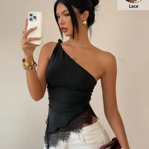 Casual Aesthetic Asymmetrical Hem Lace Trim Top, Sexy Slim-Fit One-Shoulder Top, Chic Womenswear, Perfect for Dates, Parties, Daily Wear and Office, Casual Sleeveless Cami