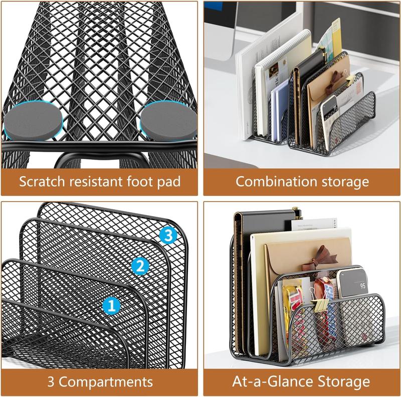 Mail Organizer Countertop, Metal File Holder with 3-Slot, Bill Organizer for Office Receipts and Letter Paper Storage (Black)
