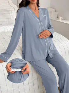 Maternity Lounge Set - V-Neck Pajama Sleepwear with Letter Embroidery