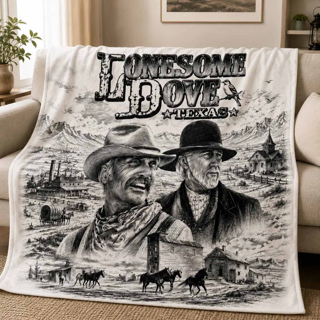 Vintage Lonesome Dove Texas Soft Flannel Throw Blanket, Retro Western Country Cowboy Fleece Blankets for Sofa Couch Bed, Rustic Living Room Decor Gift