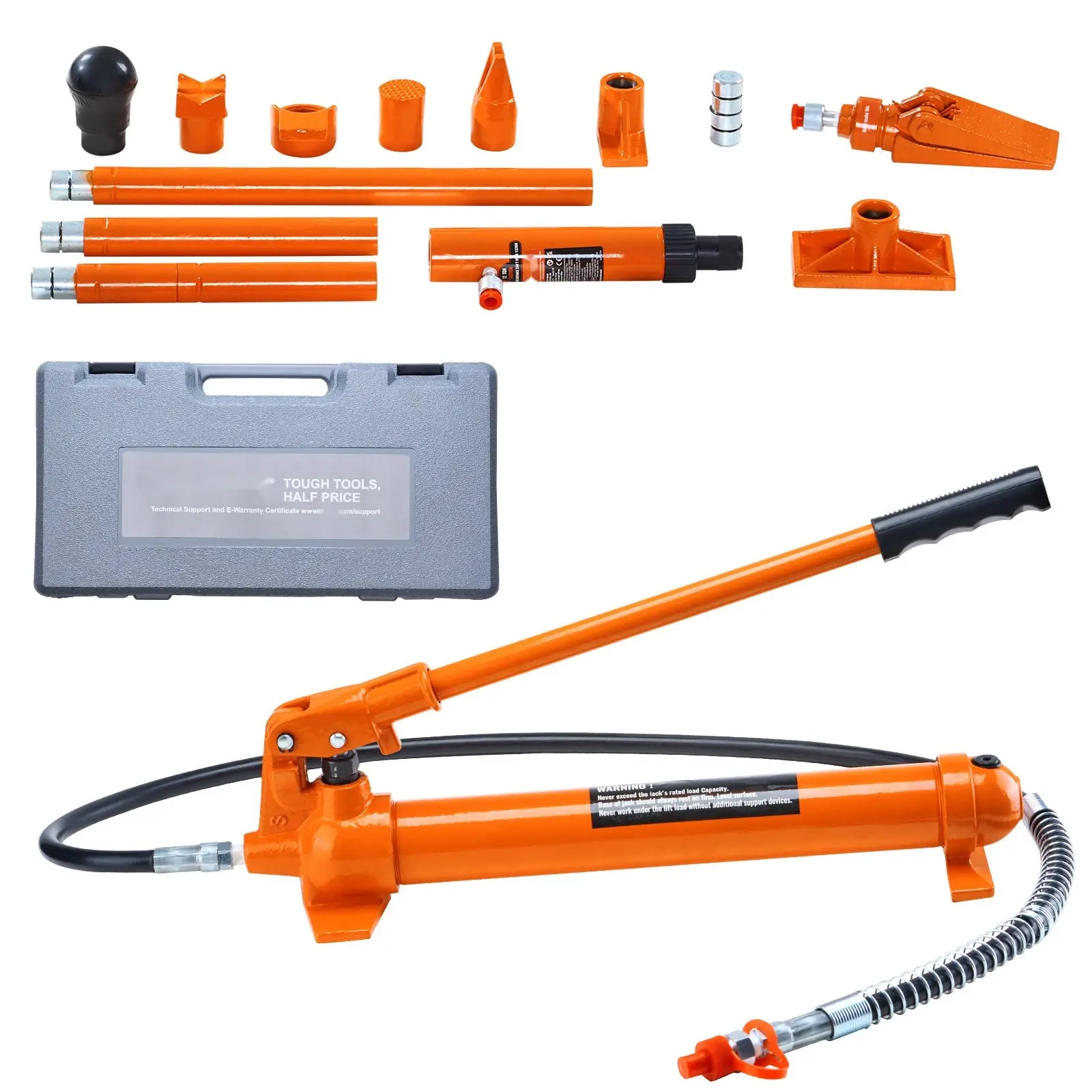 10 Ton Hydraulic Jack and Air Pump Lift Ram Porta Power Repair Kit for Vehicle Body Frame and Chassis Repair, Portable Heavy-Duty Tool Set with Hydraulic Pump, Quick-Connect Fittings, Load Spreader, and Angled Lifting Attachments