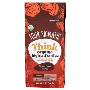 Four Sigmatic Think, Organic High Caf Coffee with Lion's Mane Mushroom & Yacon, Ground, Dark Roast, 12 oz (340 g)