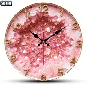 2D flat design. 1 piece set. Pink crystal cave wall clock, silent decorative wall clock, creative wall clock, suitable for bedroom, living room, and office decoration, 25/30cm (excluding AA batteries), 2D flat version