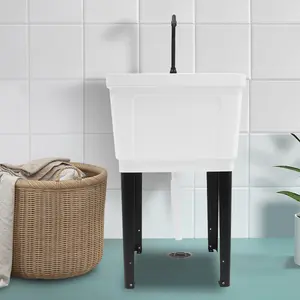 White Space Saver Utility Sink, Freestanding Space Saving Laundry Tub, Rotatable Faucet, Soap Dispenser