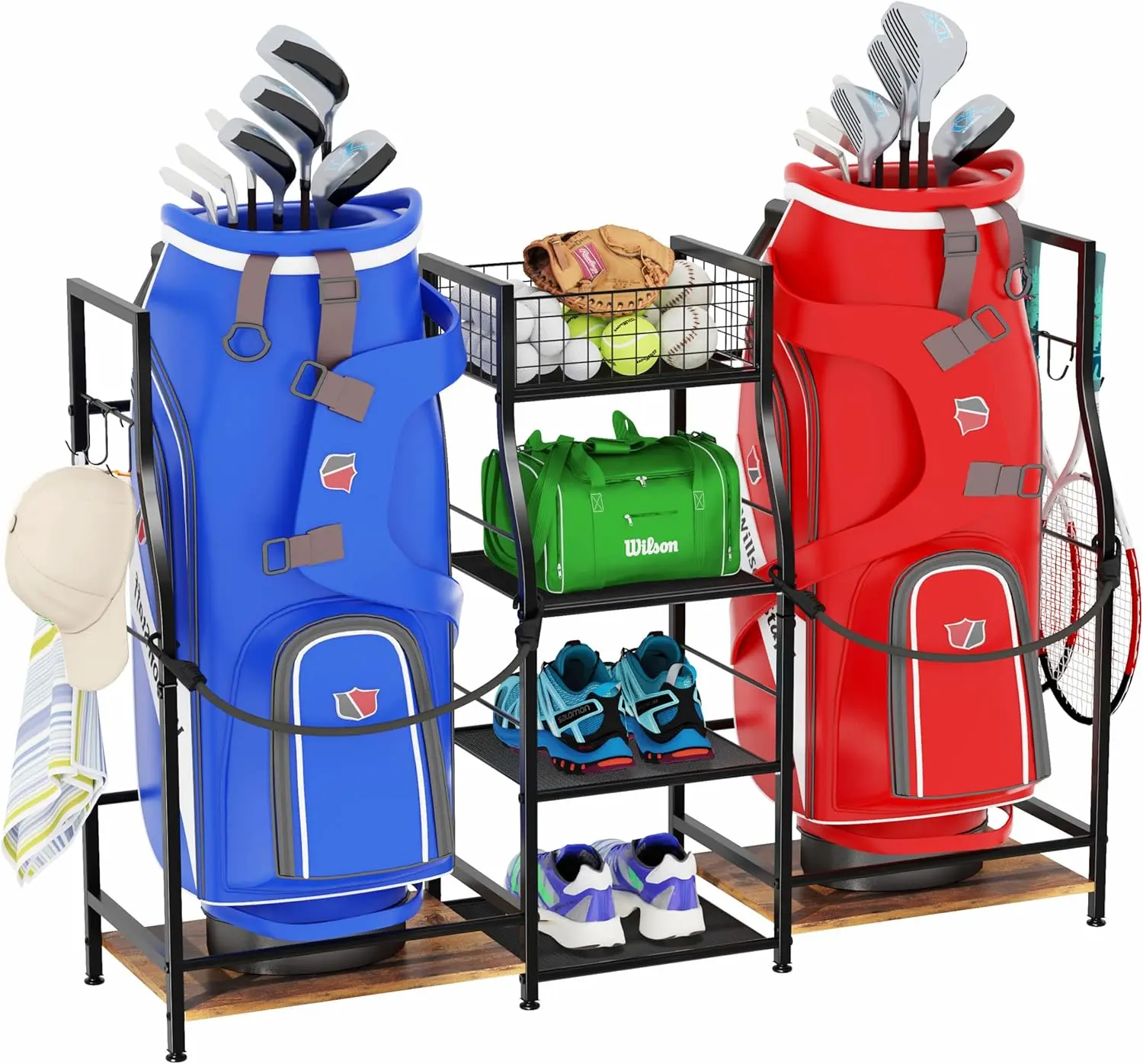Jsskeeim Golf Bag Storage Organizer for Garage Organization, Golf Bag Stand for Golf Bag Accessories, Spacious Golf Rack for Golf Clubs & Golf Essentials, Ideal Golf Gifts for Men (Fits 2 Golf Bags)