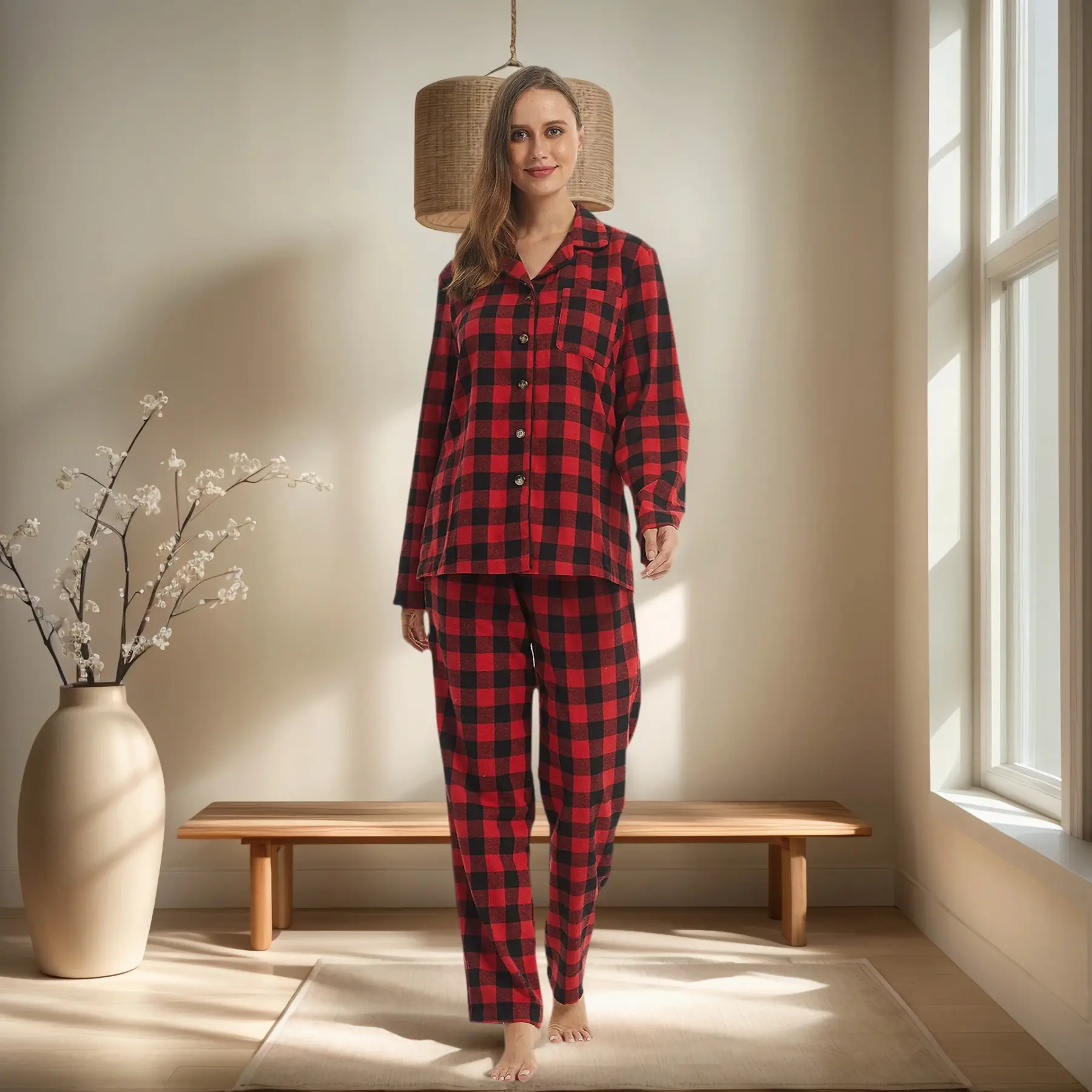 Women Flannel Elastic christmas pajamas Set - Long Sleeve Top and Bottom - Ladies Lightweight Flannel PJs Fabric Loungewear Nightwear Womenswear Cropped Fit Pants Leg Drawstring