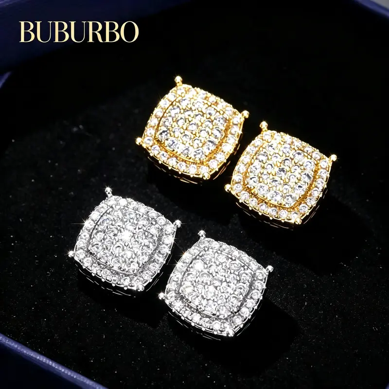 BUBURBO Unisex Rhinestone Square Studs - 2026 New Arrivals & Fresh Design | AAA 12-Facetted CZ 18K Gold Plated | Versatile Summer Gift Box