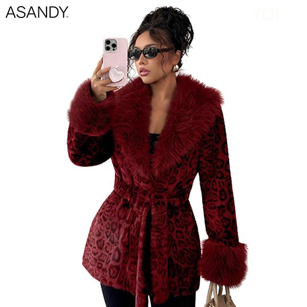 ASANDY Women’s Winter Lace-Up Leopard Print Faux Fur Coat Elegant Synthetic Leather Jacket Warm & Fashionable Outdoor Sports Coat Suitable for Cold Weather Suitable for Both Autumn and Winter