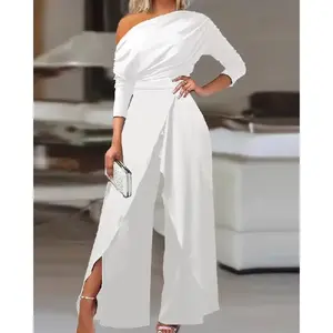 Plain Ruched Wrap Split Hem Jumpsuit for Women, Elegant Wide Leg Jumpsuit for Dating Daily Wear,  Overalls for Women, Ladies Clothes for All Seasons Womenswear Sleeve Fit Basic Chic White