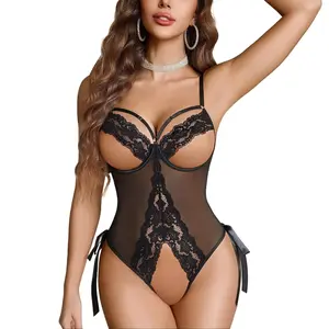 Avidlove Women Lingerie Lace Teddy Cut Out Mini Bodysuit One Piece Babydoll Underwire Lingerie with Lace-up Back
