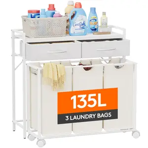Lifewit Laundry hamper 3 Section, Large Rolling Laundry Sorter with Shelf & 2 Drawers, Pull-Out Laundry Basket Organizer with Wheels and Removable Bag Minimalist Room