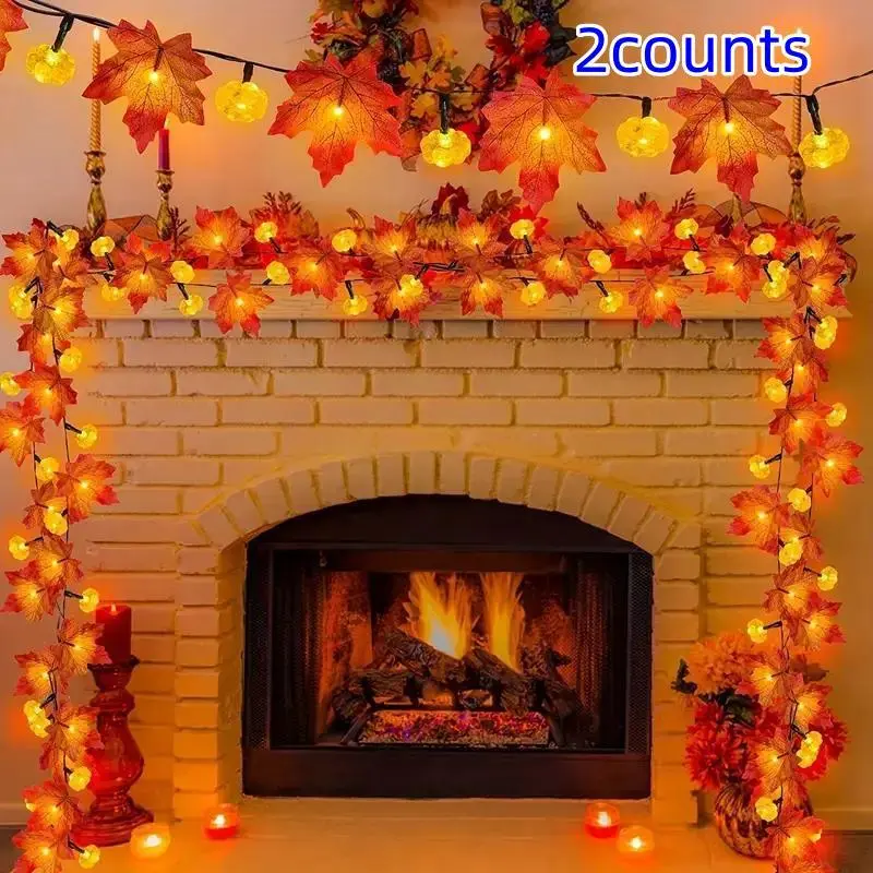2 Sets LED Pumpkin String Lights with 10 Lights, Halloween Maple Leaf Fairy Lights, Battery Powered Holiday Decor for Home & Christmas, Party Decoration Supplies