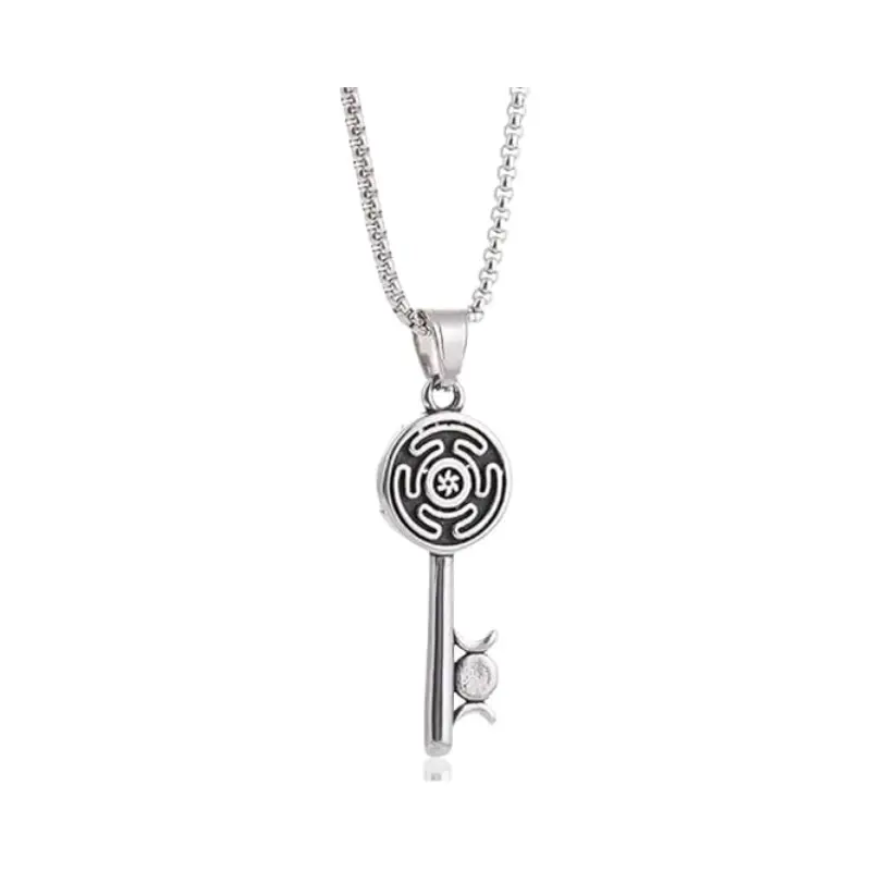 Hecate Key Necklace, Stainless Steel Hekate Wheel Pendant, Triple Moon Goddess Unisex Witchcraft Amulet Jewelry