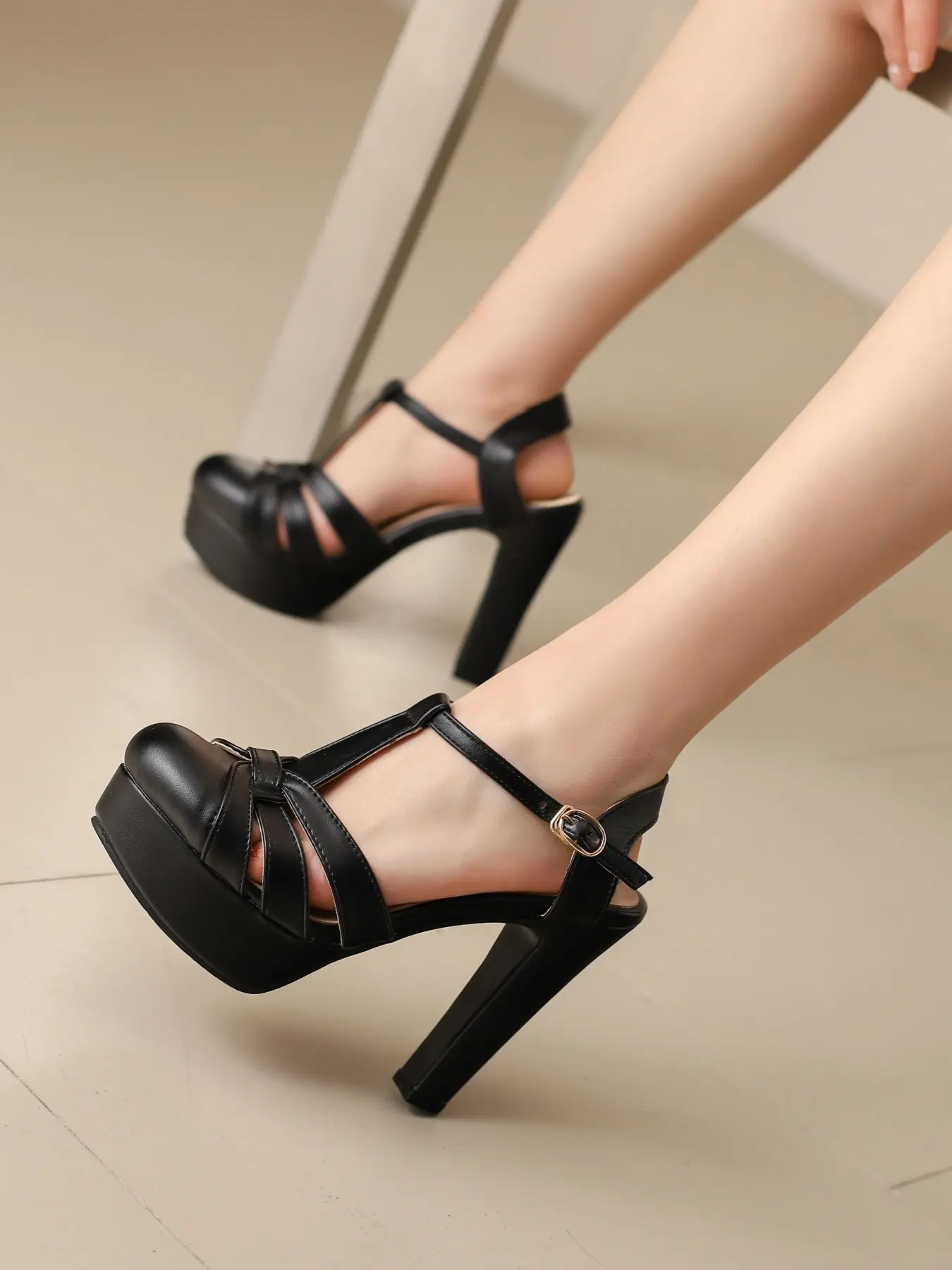 Women's Round Toe High Heel Shoes, 12cm Buckle Heels, Thick Sole Platform Sandals, Fashionable Platform Sandals, Elegant Sandals, Classic Fashion Show & Daily Wear, Sexy Soft Bottom Summer Shoes, Platform Footwear