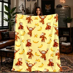 Comfortable Cream Monkey Banana Print Flannel Blanket, Soft Warm Anti-Pilling, Ideal Gift for All Seasons
