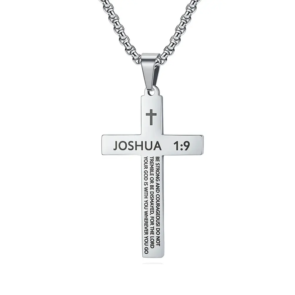 Men's Silver Cross Necklace with Engraved Bible Verse, Polished Stainless Steel Pendant, Religious Faith Jewelry Gift for Boys, 18-24 Inch Bead Chain, Religious Jewelry, Boy Gifts, Crucifix Necklaces, Cross Necklaces