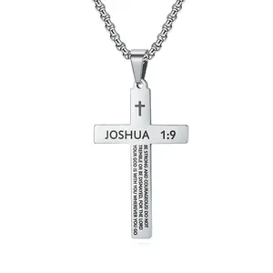 Inspirational Bible Verse Cross Necklace for Men Boys, Stainless Steel Silver Cross Pendant Necklace for Men 18-24 Inches Pearl Chain Faith Jewelry Gift