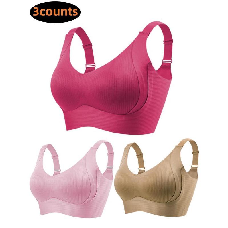 Women's 3-Pack Seamless Wireless Push Up Bra, Adjustable Supportive Solid Ribbed Bra, Soft Comfortable Breathable Lingerie with 4 Hooks, Perfect for Daily Wear, All Seasons Comfortable Intimates for Women