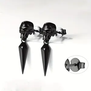 Black Stainless Steel Skull Spike Stud Earrings, Gothic Punk Dangle Earrings, Hypoallergenic Unisex Rock Biker Jewelry For Men & Women, Dark Streetwear Piercing Accessories For Party, Festival & Daily Wear
