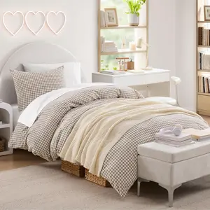 Tan Gingham Duvet Cover Twin, 100% Wash Cotton Linen Like Textured Breathable Comforter Cover Set, 2 Piece Brown Classic Yarn-Dyed Checkered Plaid Bedding Set for Dorm Kids Teens, 66"*90"