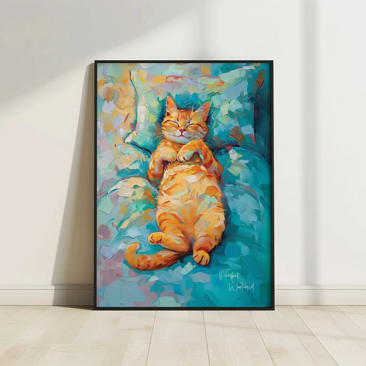 Ginger Cat Sleeping Poster, Purrfect Weekend, Funny Cat Poster, Cat on Bed Print, Cat Wall Decor, Good Sleeping Wall Art, UNFRAMED
