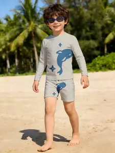 Boys' Vacation Essential Swimwear Set, Dolphin & Star Pattern Long Sleeve High Stretch Sun Protection Swimsuit, Soft Skin-Friendly Swimwear
