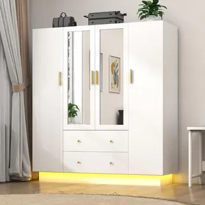 4 Door Wardrobe Closet with Mirrors and LED Lights, Bedroom Armoire with Drawers and Shelves, Modern Wooden Armoire Wardrobe Closet with Hanging Rod for Bedroom, Black/white