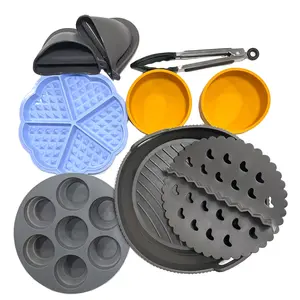 9 Pcs Silicone Air Fryer Liners and Silicone Molds Set, Reusable Silicone Pot, Baking Tray, Muffin Mold, Egg Mold, Waffle Mold, Compatible with 3-5 Quart Air Fryers