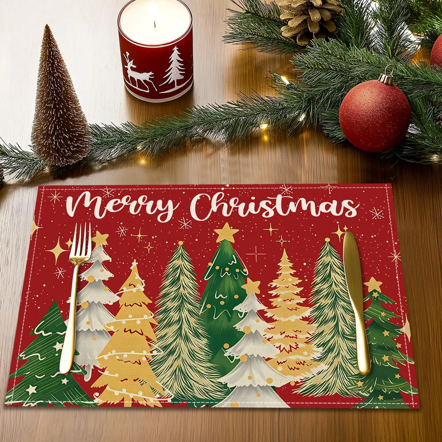 4/6pcs Christmas decorative placemats, butterfly tie star Christmas tree design winter table mats, Christmas tree forest printed table anti slip insulation mats, truck Christmas tree pattern plate mats, coasters, party restaurant desktop decorations