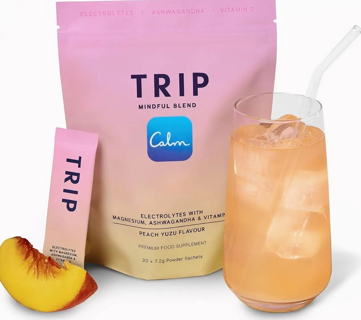 TRIP Electrolytes Powder Packets with Magnesium, Ashwagandha & Vitamin D. Peach Yuzu Daily Hydration Packets, Vegan, Electrolyte Drink Mix, Calming Hydration Powder, 20 Sachets