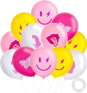 60Pcs Preppy Y2k Hot Pink Party Balloons Smile Face Butterfly Leopard 12inch Latex Balloon with Ribbon Retro Decoration Supplies for Teen Girls Birthday Bachelorette Early 2000s Theme Party