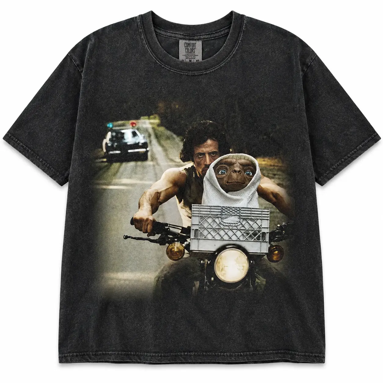 Rambo E.T. Mashup T‑Shirt Funny 80s Movie Parody Tee Vintage Bootleg Style Graphic Shirt Sylvester Stallone Alien Retro Cinema
