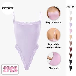 KatchMe Lace Series Women's Spaghetti Strap Lace Trim Breathable Bodysuit, Minimalist Chic Sleeveless Bodysuit, Seamless Fitted Plain Lightweight Bodysuits