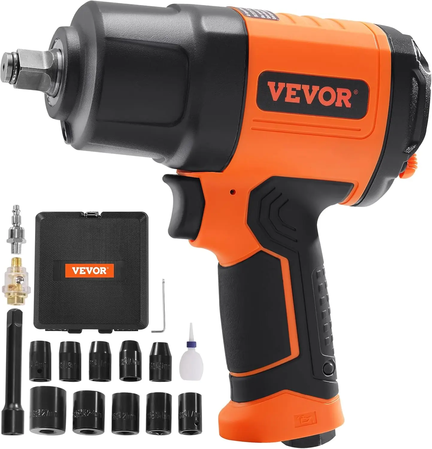 VEVOR 1/2-Inch Air Impact Wrench - 1400 ft-lbs High Torque for Assembly Tasks, 4.6 lb Lightweight with Torque Control, Includes 11-Piece CR-V Steel Impact Socket Set & Carrying Case
