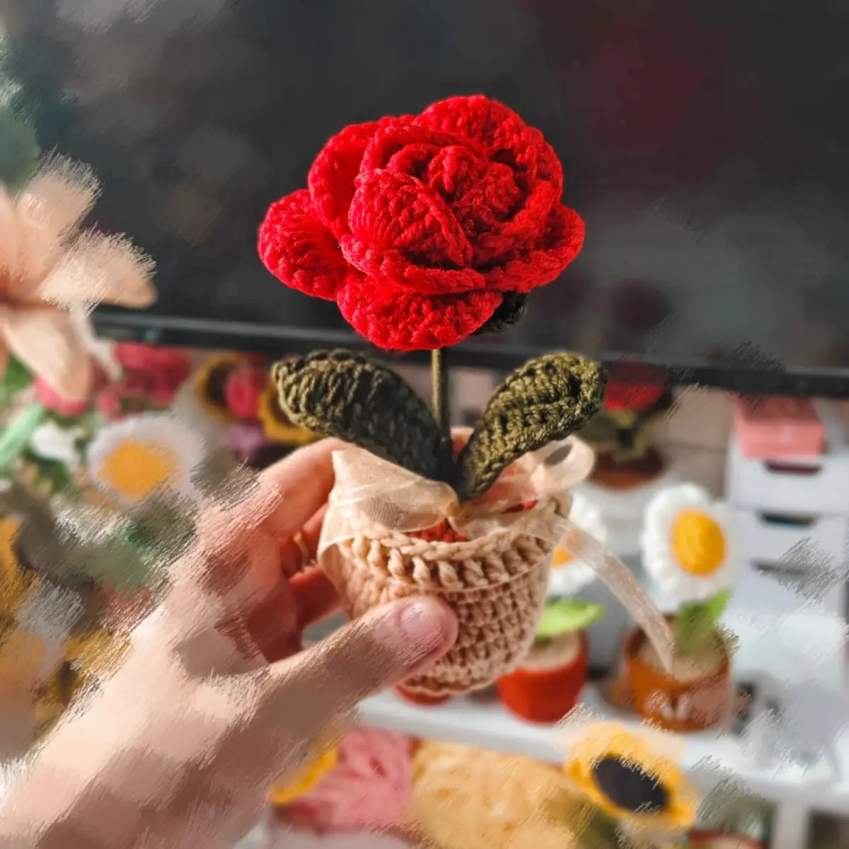 Handmade Crochet Rose Flower Pot 7 Inch Cute Desk Décor Gift for Her Aesthetic Room Decor Perfect for Home Ornaments