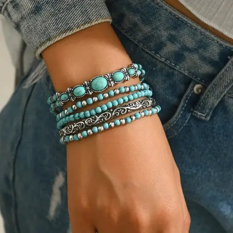 Boho Turquoise Layered Bracelet Set, 5-Piece Vintage Western Beaded Jewelry, Casual Patchwork Design, All Seasons Wear, High Quality Bracelet, Exquisite Bracelet, Original Bracelets
