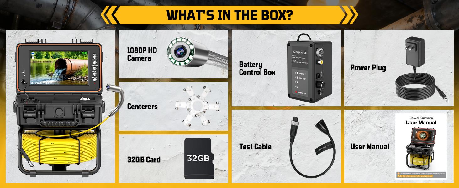Self-Leveling Sewer Camera with Meter Marking, 9'' IPS Screen, HD 1080P Resolution, 5100mAh Battery, 100ft 5mm Cable Sewer Drain Video Inspection Camera with DVR Recorder and 32GB SD Card